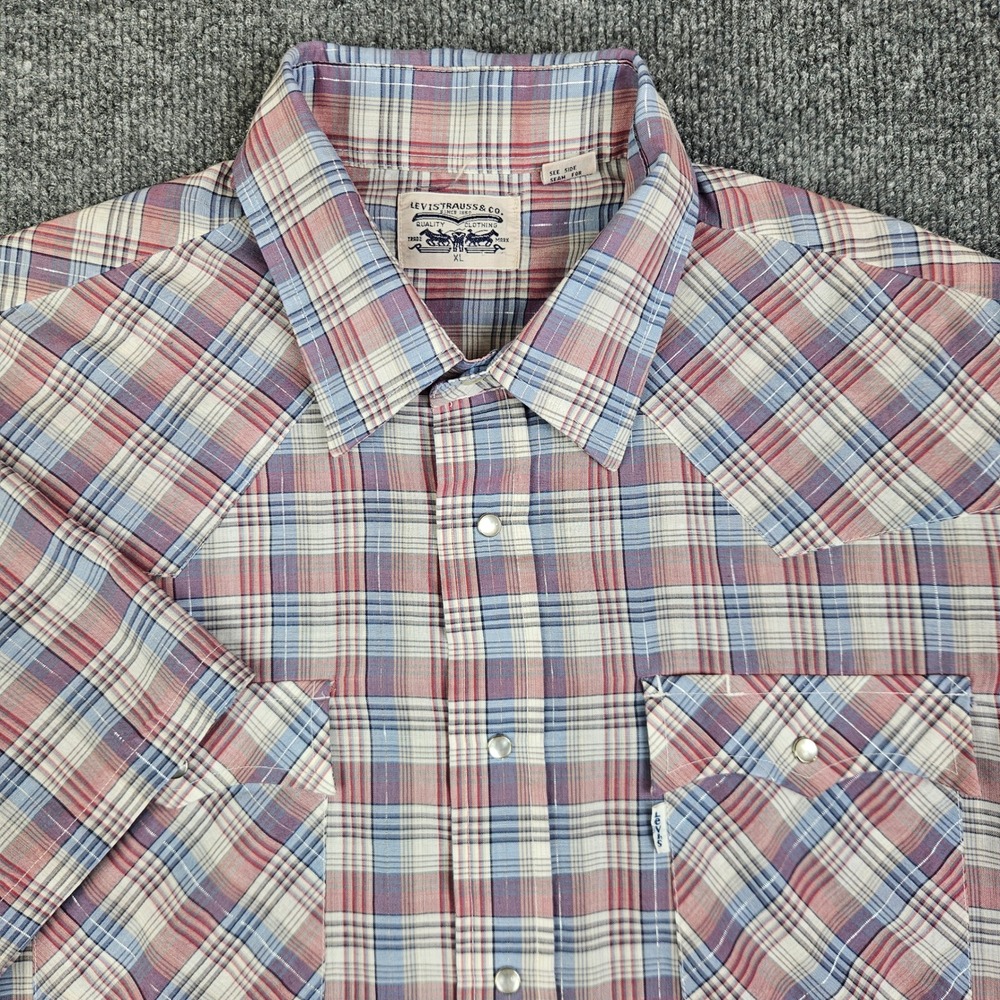 Levis Western Pearl Snap Shirt Men XL Plaid Short Sleeve Red Blue Silver Vintage